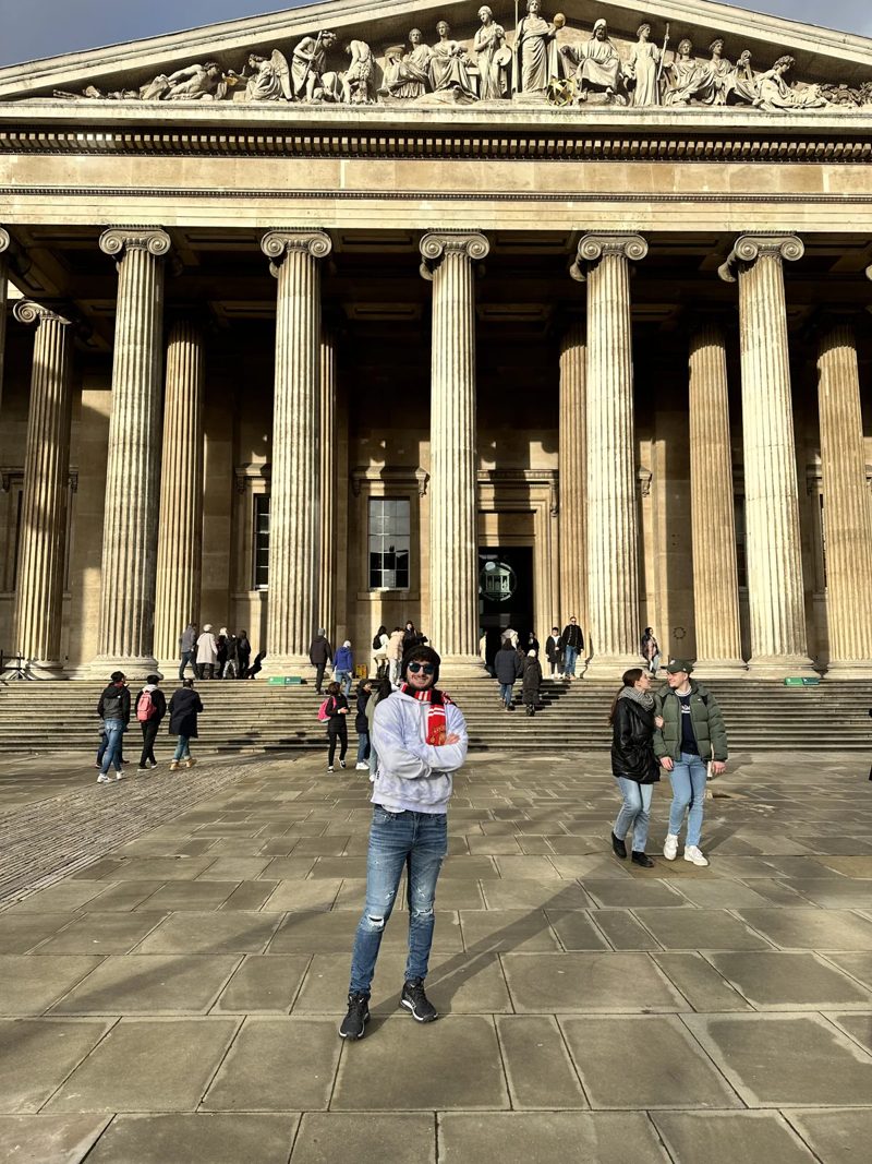 Tryfon outside the columned entrance of the British Museum